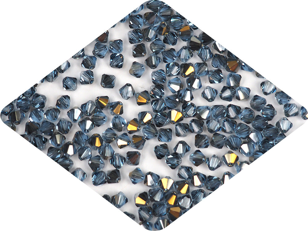 Light Sapphire Valentinite coated Czech Glass Beads, Machine Cut Bicones (MC Rondell, Diamond Shape), blue crystals coated with shiny metallic