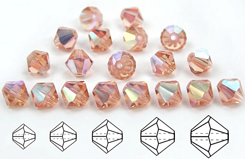 Light Peach AB, Czech Glass Beads, Machine Cut Bicones (MC Rondell, Diamond Shape), pale pink crystals coated with Aurora Borealis