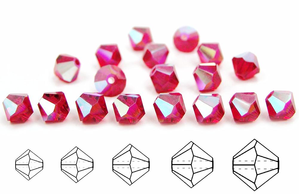 Light Siam AB, Czech Glass Beads, Machine Cut Bicones (MC Rondell, Diamond Shape), light red crystals coated with Aurora Borealis