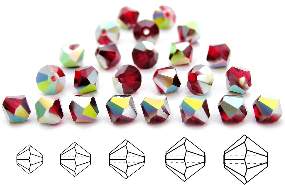 Light Siam Vitrail coated Czech Glass Beads Machine Cut Bicones (MC Rondell Diamond Shape) light red crystals coated with Vitrail Medium 3mm 4mm 6mm