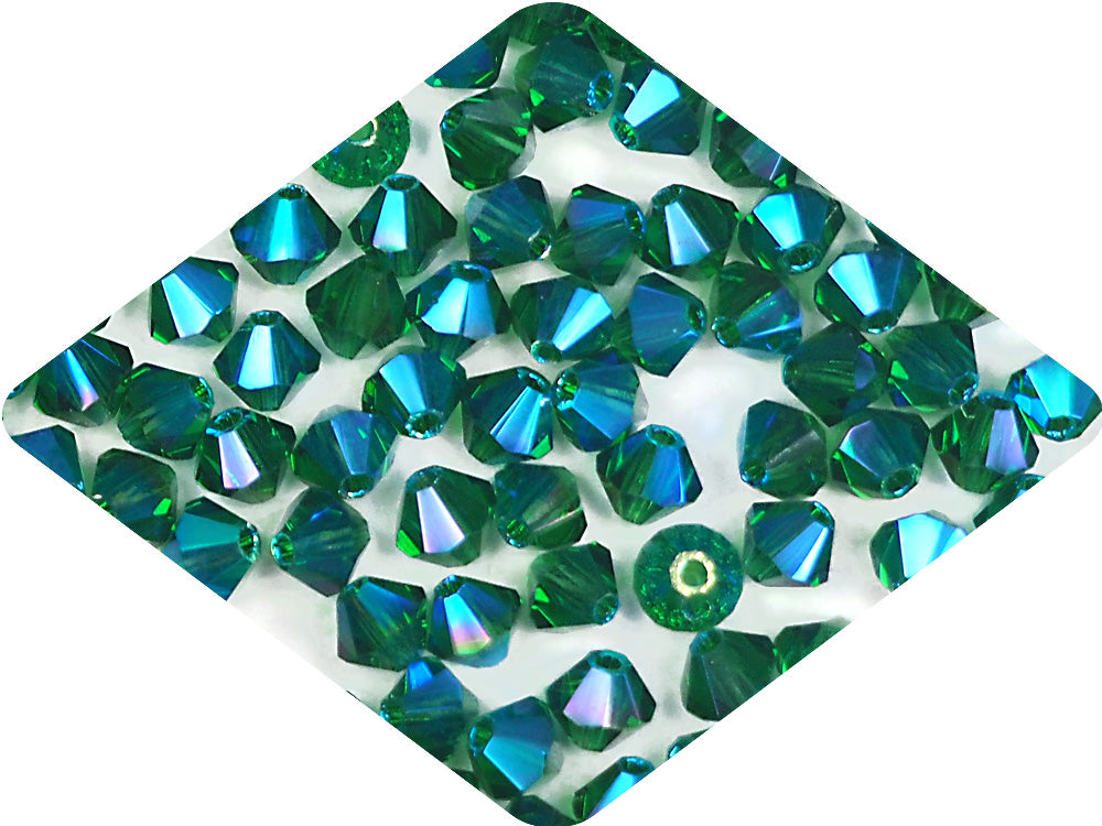 Medium Emerald full AB (AB2X), Czech Glass Beads, Machine Cut Bicones (MC Rondell, Diamond Shape), green crystals double-coated with Aurora Borealis