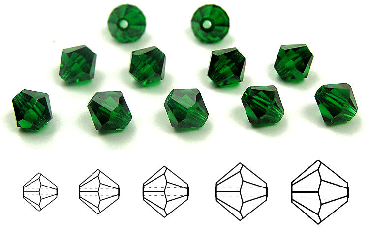 Medium Emerald, Czech Glass Beads, Machine Cut Bicones (MC Rondell, Diamond Shape), rich green crystals