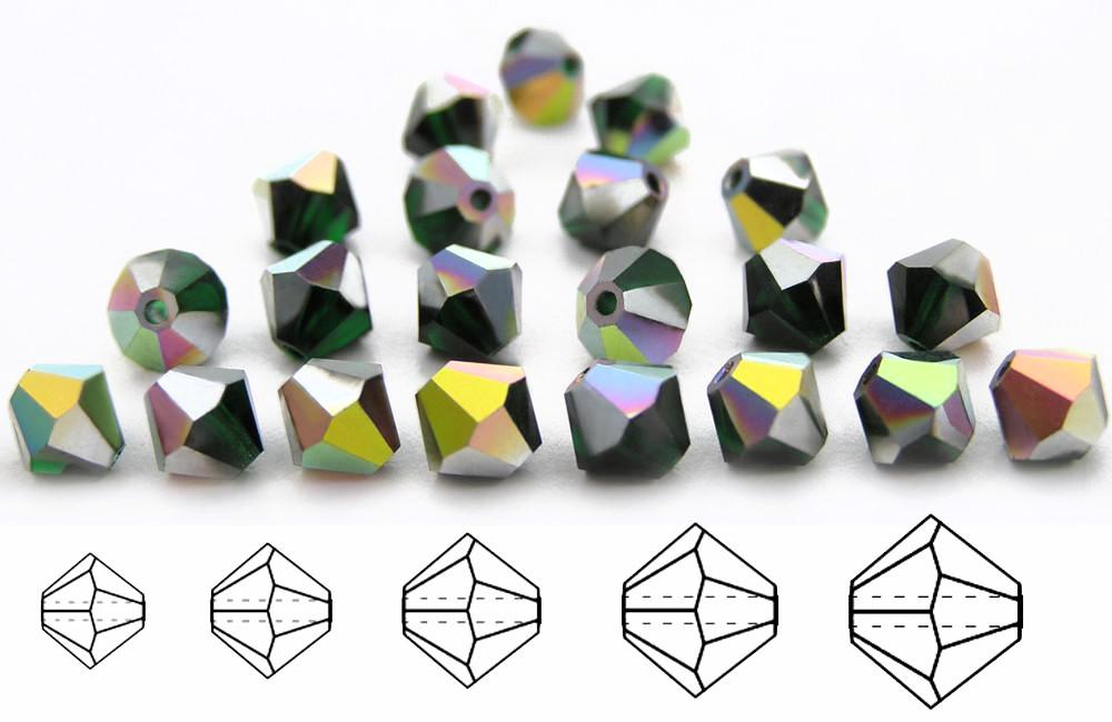 Medium Emerald Vitrail, Czech Glass Beads, Machine Cut Bicones (MC Rondell, Diamond Shape), rich green crystals coated with Aurora Borealis