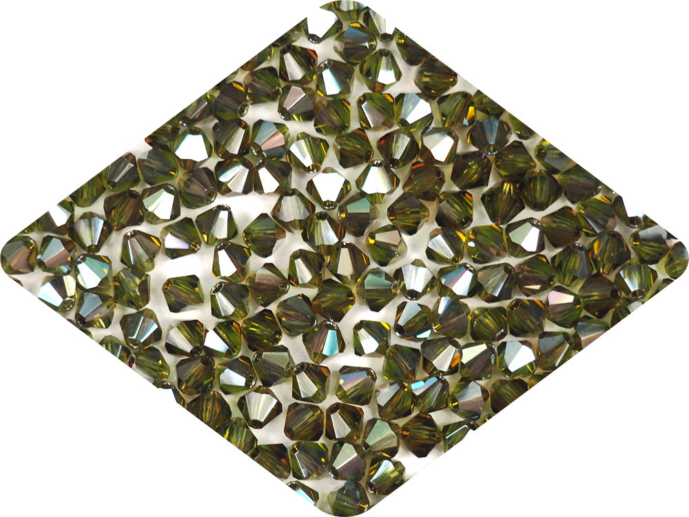 Olivine Celsian coated, Czech Glass Beads, Machine Cut Bicones (MC Rondell, Diamond Shape), olive green crystals coated with metallic celsianite