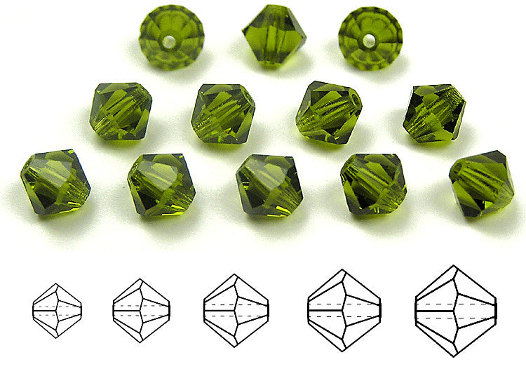 Olivine, Czech Glass Beads, Machine Cut Bicones (MC Rondell, Diamond Shape), olive green crystals