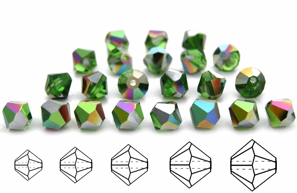 Peridot Vitrail, Czech Glass Beads, Machine Cut Bicones (MC Rondell, Diamond Shape), light green crystals coated with Vitrail Medium