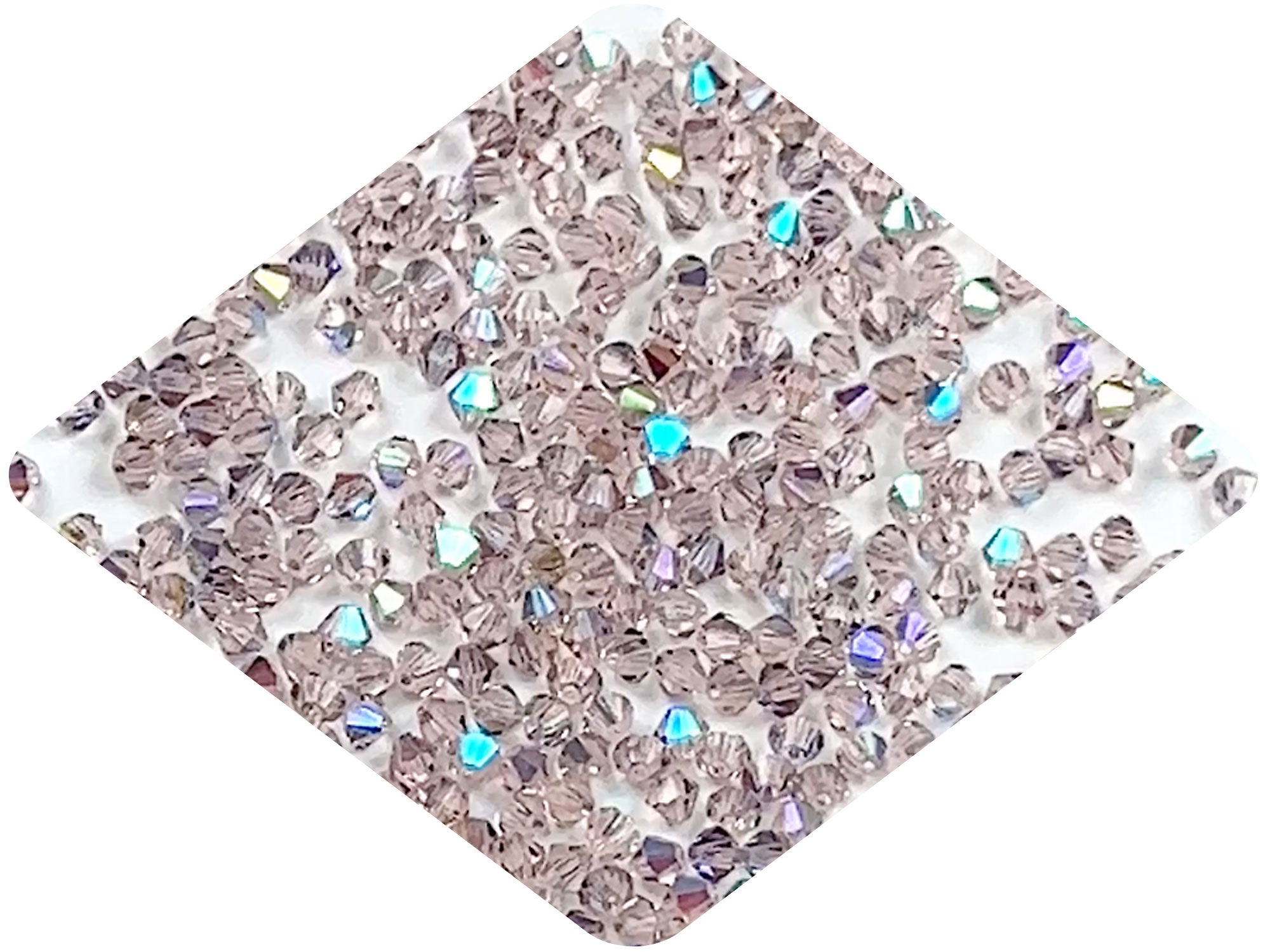 Pinkish AB, Czech Glass Beads, Machine Cut Bicones (MC Rondell, Diamond Shape), light pink crystals coated with Aurora Borealis, size 4mm, 360pcs