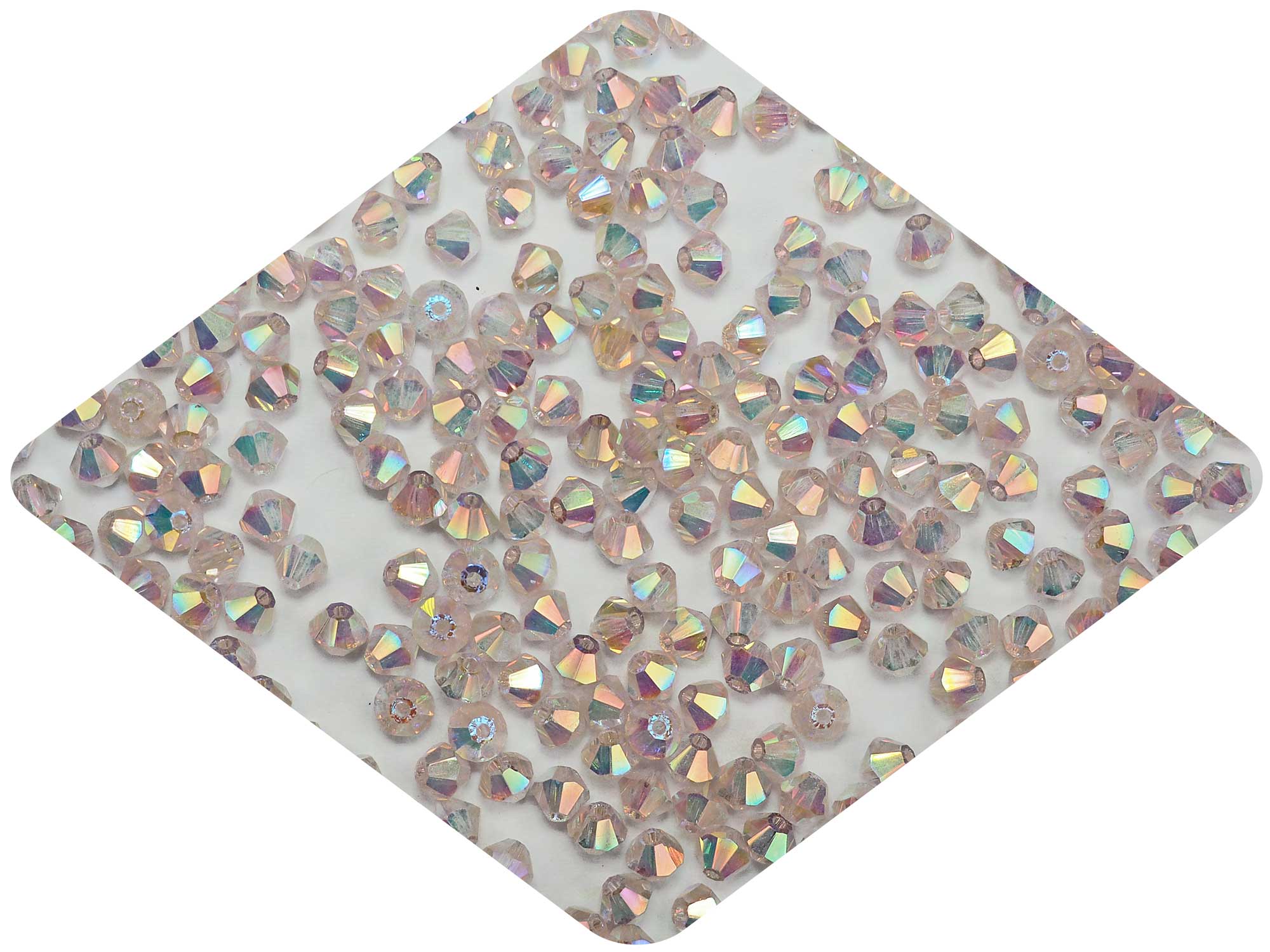 Rosaline Marvel-AB, Czech Glass Beads, Machine Cut Bicones (MC Rondell, Diamond Shape), light pink crystals coated with RICH Aurora Borealis