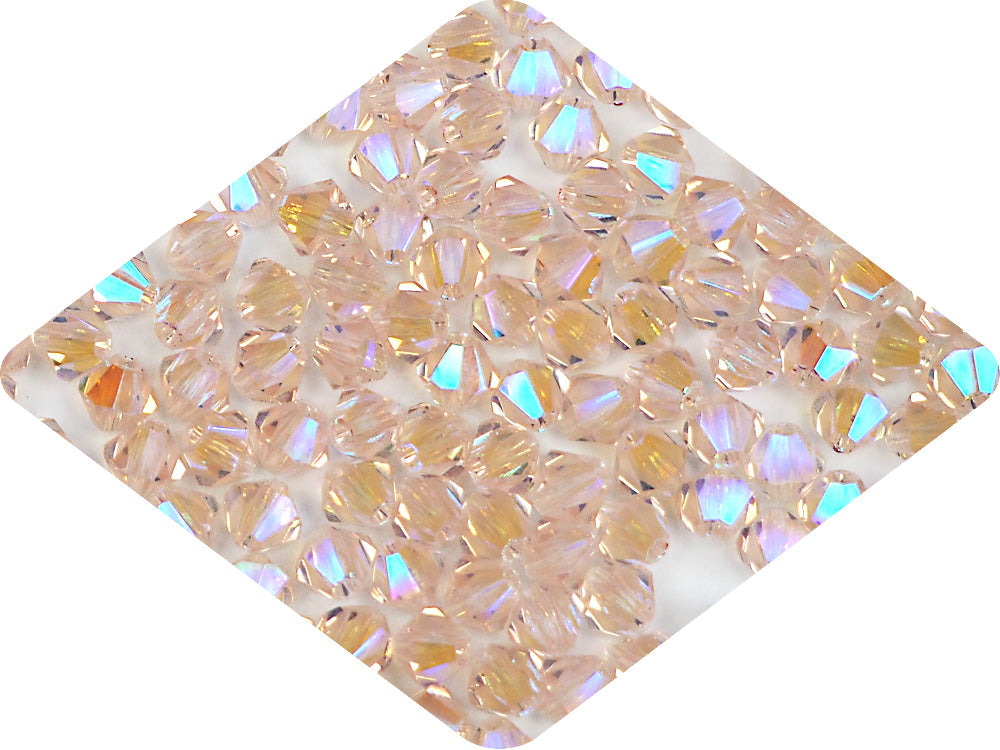 Rosaline full AB (AB2X), Czech Glass Beads, Machine Cut Bicones (MC Rondell, Diamond Shape), light pink crystals double-coated with Aurora Borealis
