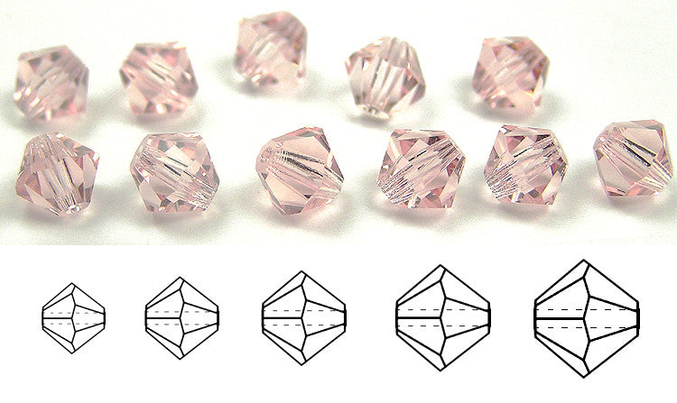 Rosaline, Czech Glass Beads, Machine Cut Bicones (MC Rondell, Diamond Shape), light pink crystals