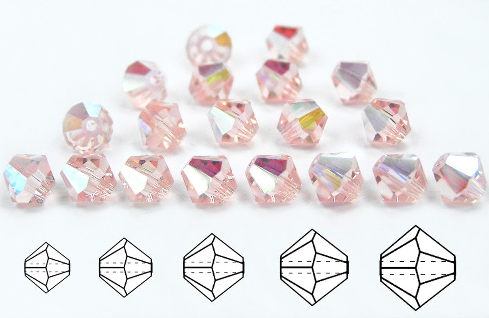 Rosaline AB, Czech Glass Beads, Machine Cut Bicones (MC Rondell, Diamond Shape), light pink crystals coated with Aurora Borealis