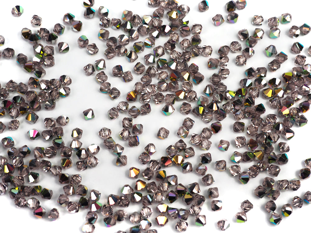 Rosaline Vitrail coated (Vintage Rose Vitrail), Czech Glass Beads, Machine Cut Bicones (MC Rondell, Diamond Shape), light pink crystals coated with Vitrail Medium