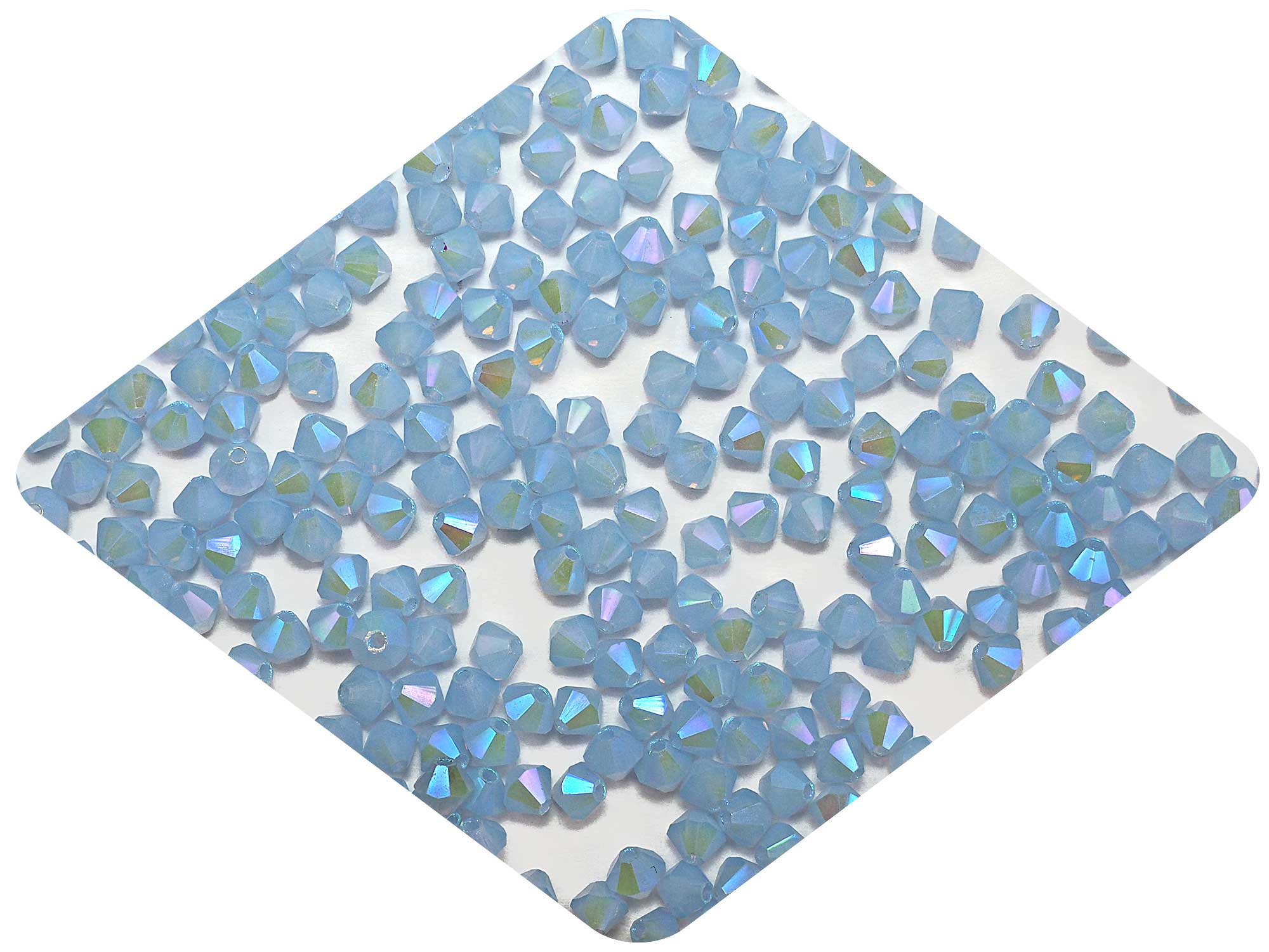 Sky Blue Opal full AB (AB2X) milky, Czech Glass Beads, Machine Cut Bicones (MC Rondell, Diamond Shape), light milky blue crystals double-coated with Aurora Borealis