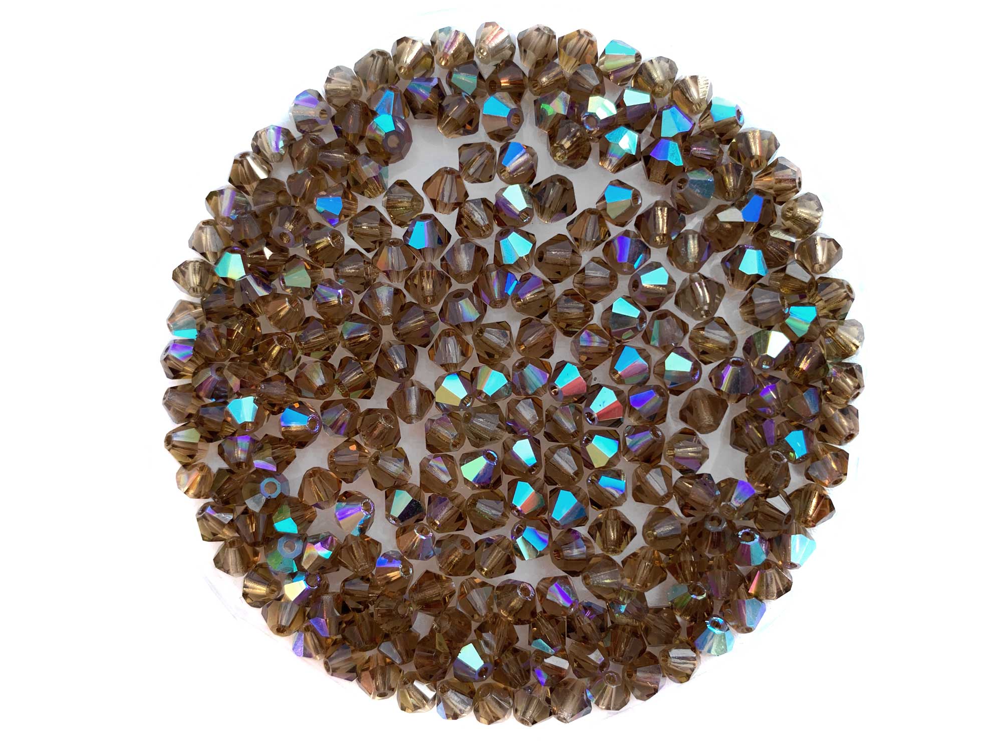 Smoked Topaz AB, Czech Glass Beads, Machine Cut Bicones (MC Rondell, Diamond Shape), dark brown crystals coated with Aurora Borealis, 4mm, 5mm, 8mm