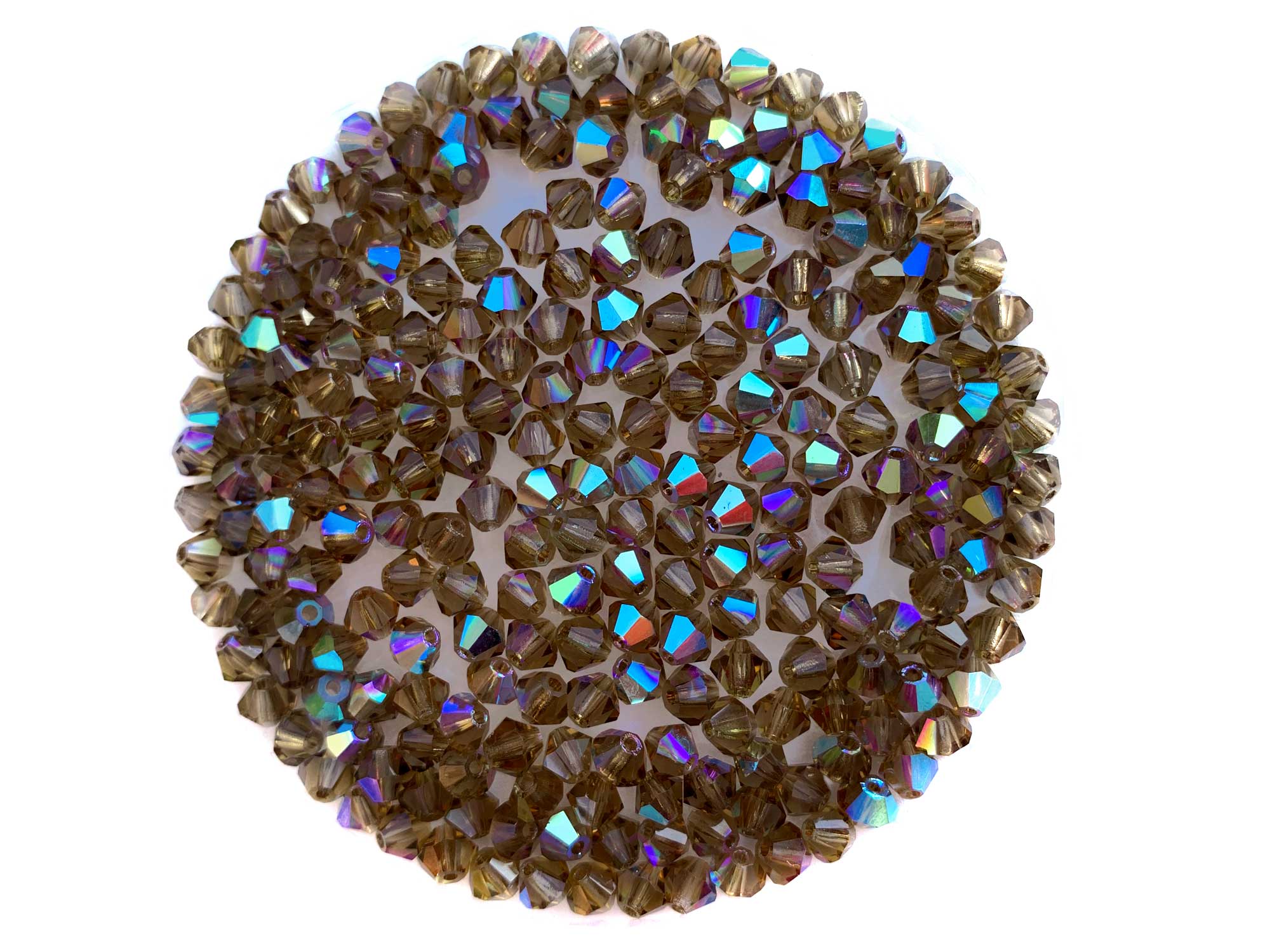 Smoked Topaz AB, Czech Glass Beads, Machine Cut Bicones (MC Rondell, Diamond Shape), dark brown crystals coated with Aurora Borealis, 4mm, 5mm, 8mm