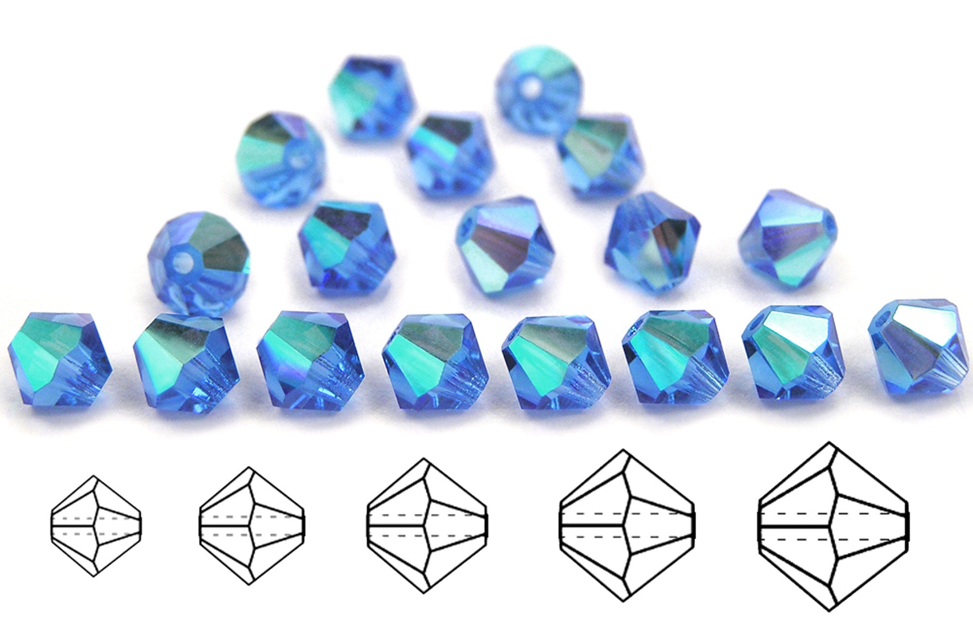 Sapphire AB, Czech Glass Beads, Machine Cut Bicones (MC Rondell, Diamond Shape), blue crystals coated with Aurora Borealis