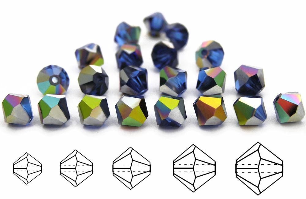Sapphire Vitrail, Czech Glass Beads, Machine Cut Bicones (MC Rondell, Diamond Shape), blue crystals coated with Vitrail Medium