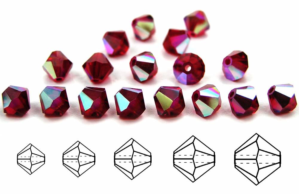 Siam AB, Czech Glass Beads, Machine Cut Bicones (MC Rondell, Diamond Shape), red crystals coated with Aurora Borealis