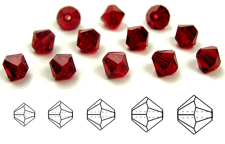 Siam, Czech Glass Beads, Machine Cut Bicones (MC Rondell, Diamond Shape), red crystals