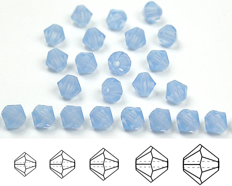 Sky Blue Opal, Czech Glass Beads, Machine Cut Bicones (MC Rondell, Diamond Shape), Light Sapphire Opal crystals