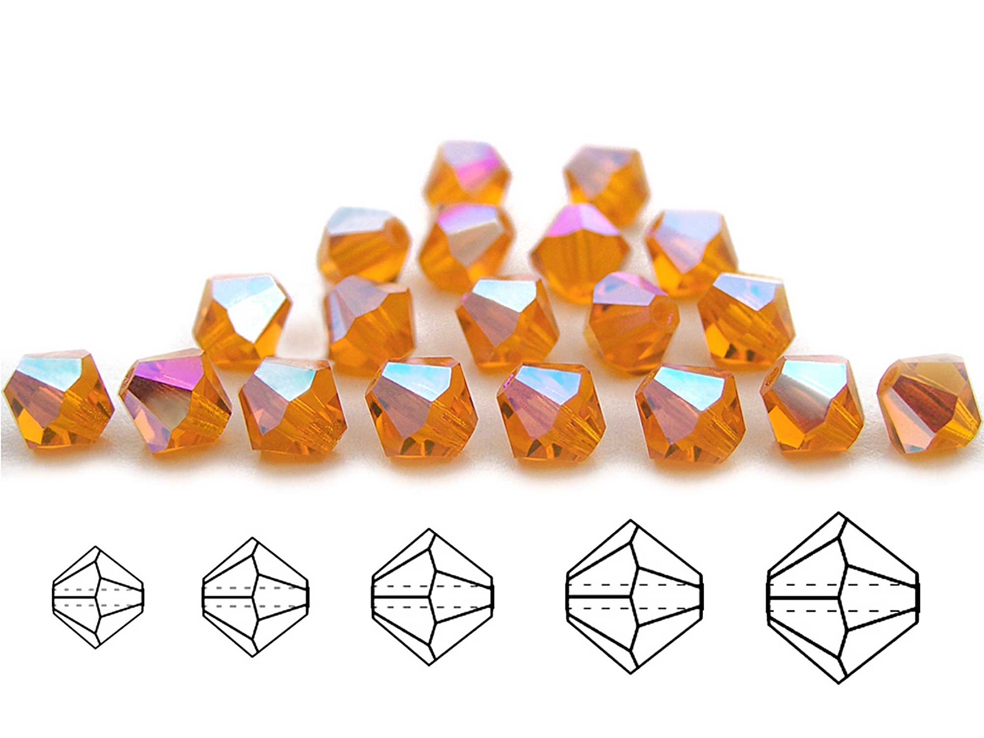Sun AB, Czech Glass Beads, Machine Cut Bicones (MC Rondell, Diamond Shape), orange crystals coated with Aurora Borealis