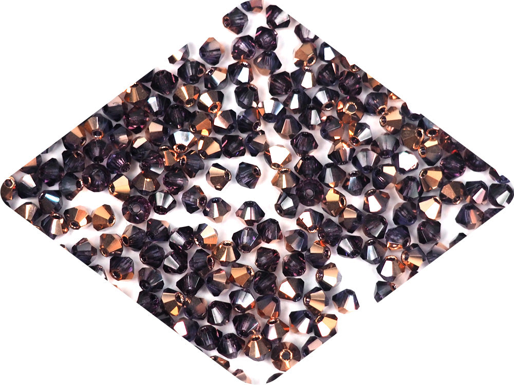 Tanzanite Capri Gold coated, Czech Glass Beads, Machine Cut Bicones (MC Rondell, Diamond Shape), purple crystals coated with gold bronze