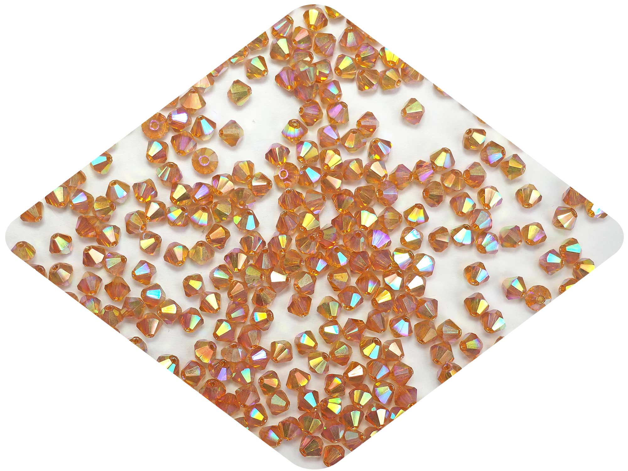 Topaz Marvel-AB, Czech Glass Beads, Machine Cut Bicones (MC Rondell, Diamond Shape), golden brown crystals coated with RICH Aurora Borealis