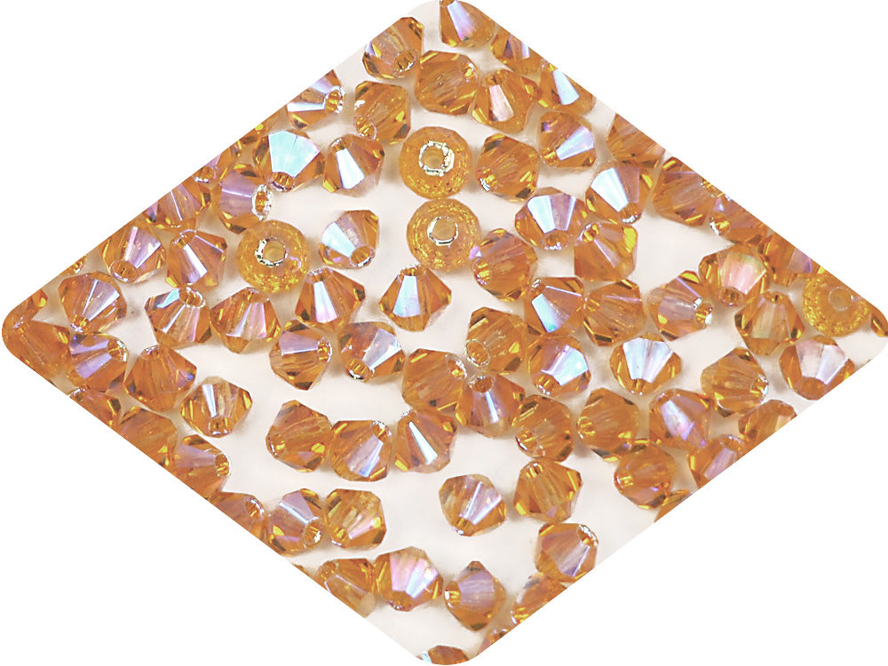 Topaz full AB (AB2X), Czech Glass Beads, Machine Cut Bicones (MC Rondell, Diamond Shape), golden brown crystals double-coated with Aurora Borealis
