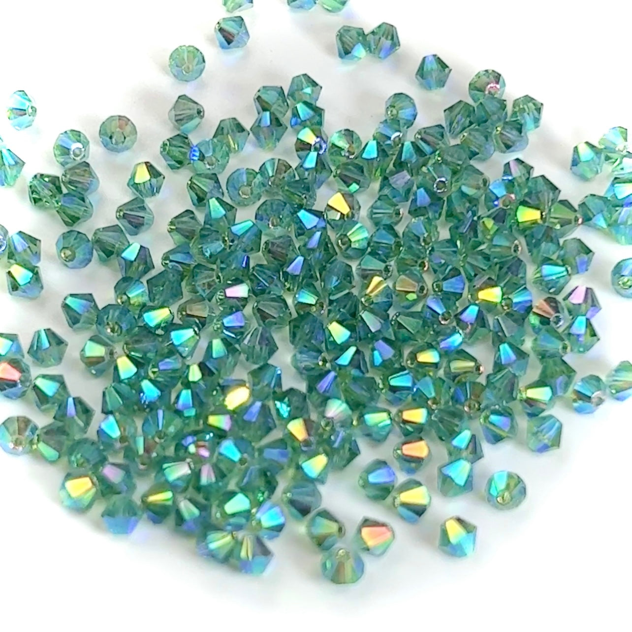 Turmaline Marvel-AB, Czech Glass Beads, Machine Cut Bicones (MC Rondell, Diamond Shape), green crystals coated with RICH Aurora Borealis