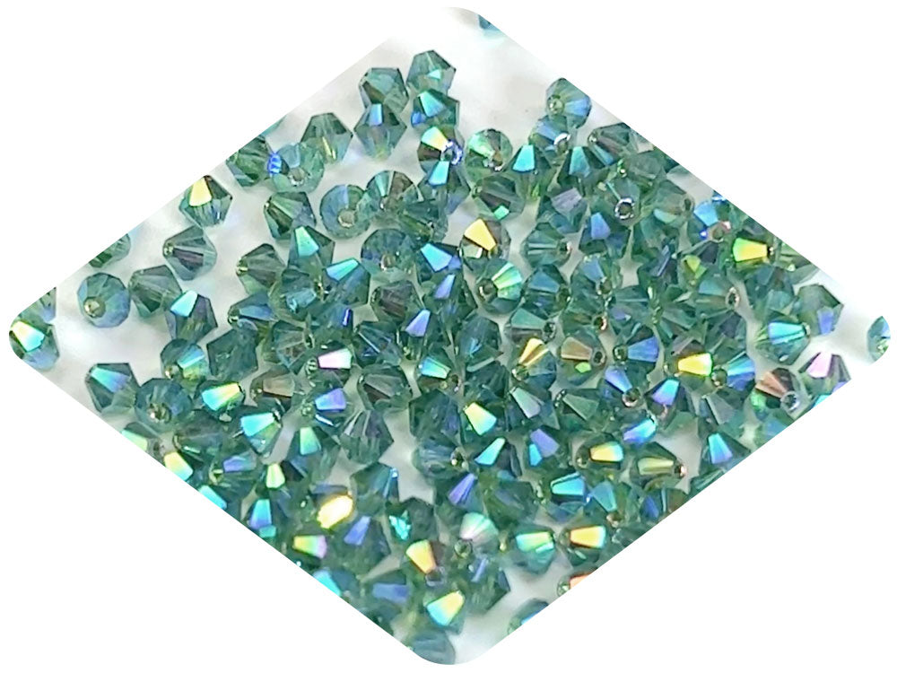 Turmaline Marvel-AB, Czech Glass Beads, Machine Cut Bicones (MC Rondell, Diamond Shape), green crystals coated with RICH Aurora Borealis
