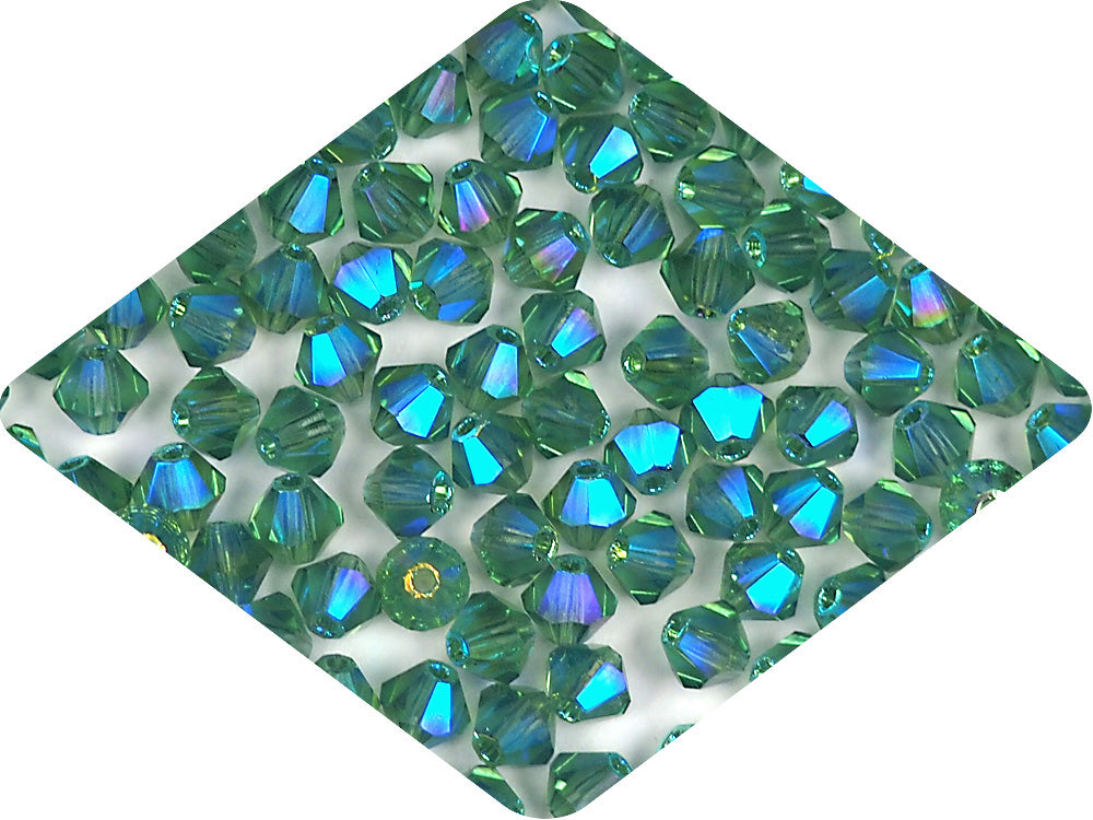 Turmaline full AB (AB2X), Czech Glass Beads, Machine Cut Bicones (MC Rondell, Diamond Shape), pale green crystals double-coated with Aurora Borealis