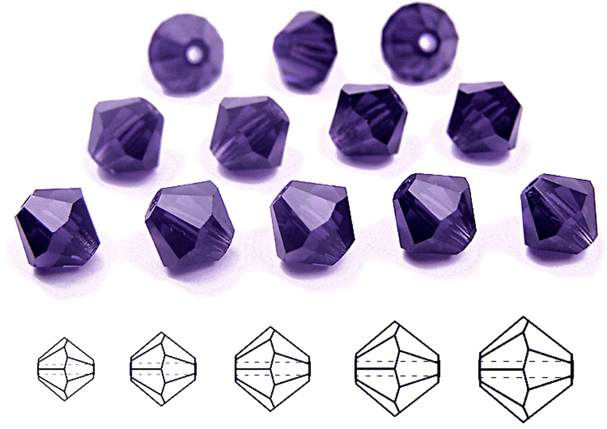 Tanzanite (Deep Tanzanite), Czech Glass Beads, Machine Cut Bicones (MC Rondell, Diamond Shape), deep purple crystals