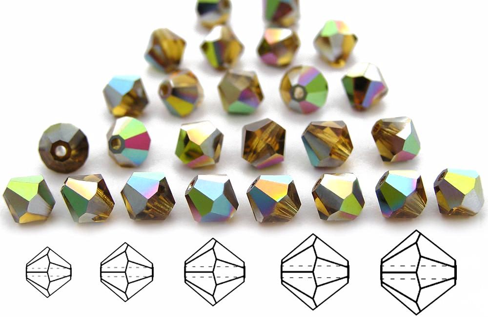 Topaz Vitrail, Czech Glass Beads, Machine Cut Bicones (MC Rondell, Diamond Shape), light brown crystals coated with Aurora Borealis