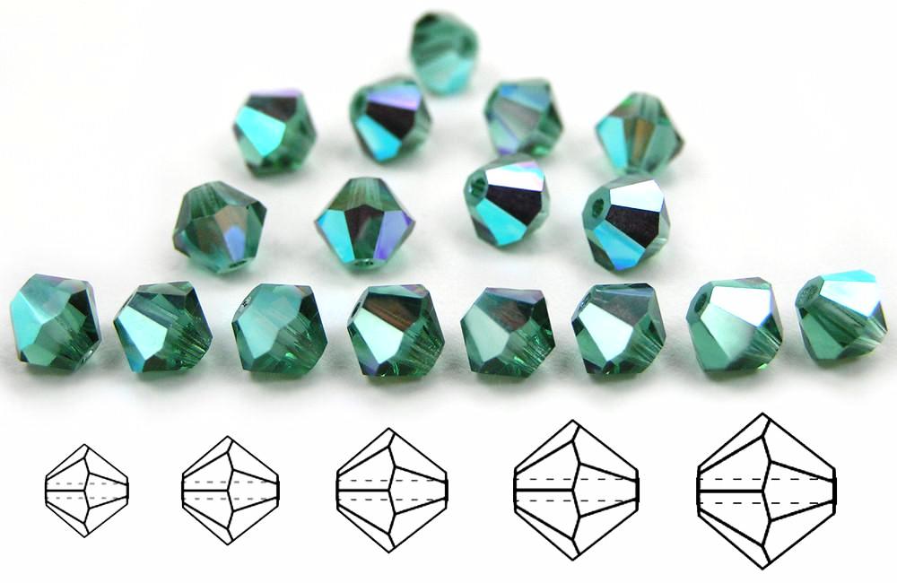 Turmaline AB, Czech Glass Beads, Machine Cut Bicones (MC Rondell, Diamond Shape), turmaline green crystals coated with Aurora Borealis