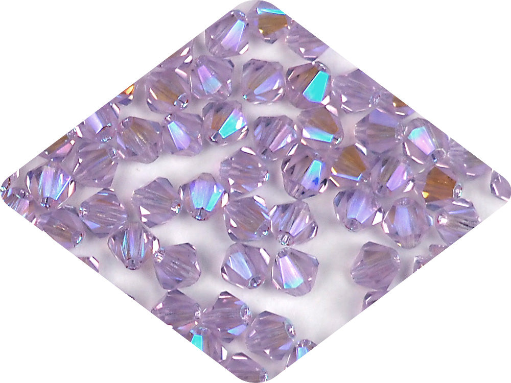 Violet full AB (AB2X), Czech Glass Beads, Machine Cut Bicones (MC Rondell, Diamond Shape), light purple crystals double-coated with Aurora Borealis
