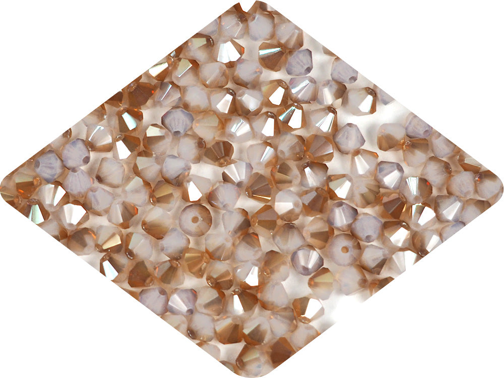 White Opal Celsian coated, Czech Glass Beads, Machine Cut Bicones (MC Rondell, Diamond Shape), milky crystals coated with metallic celsianite