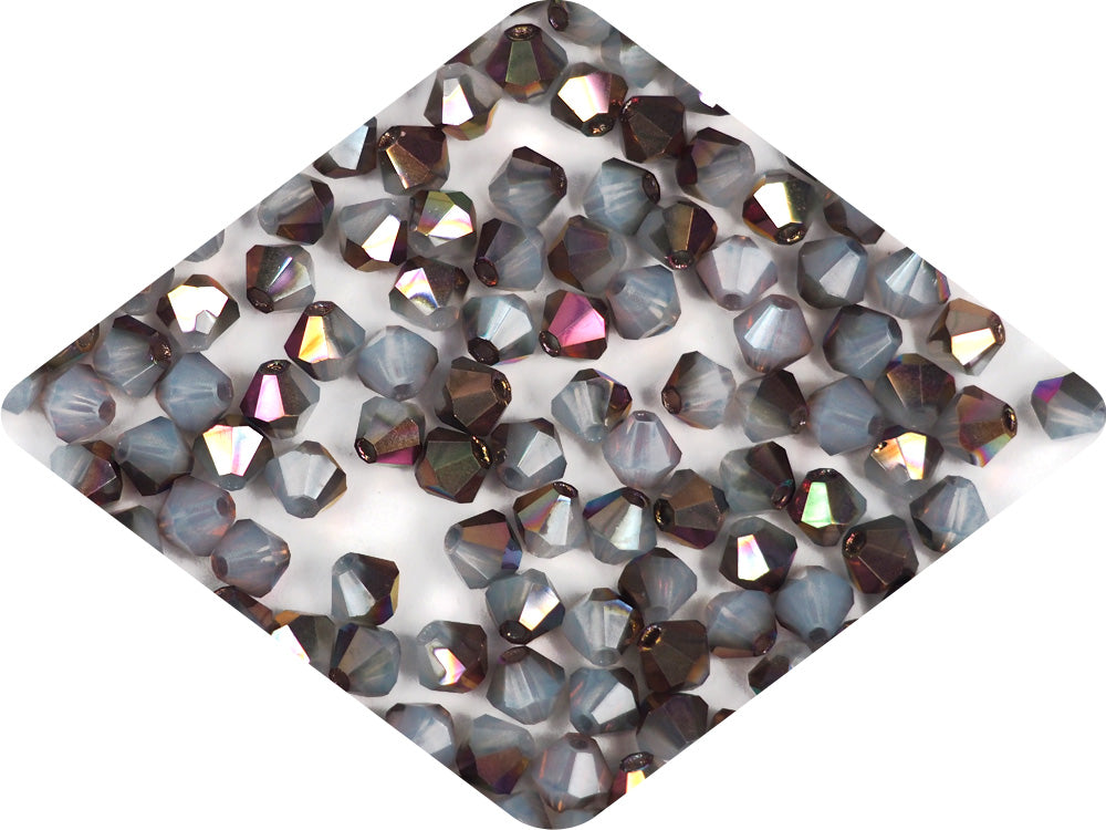 White Opal Vitrail coated, Czech Glass Beads, Machine Cut Bicones (MC Rondell, Diamond Shape), milky crystals coated with vitrail medium