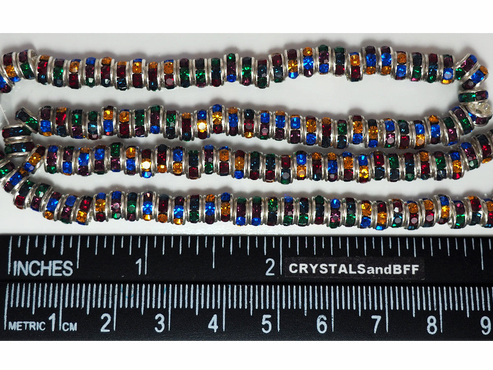 144 Preciosa Genuine Czech Rhinestone Rondelles 5mm Dark Multi Stones, Silver Plated spacers