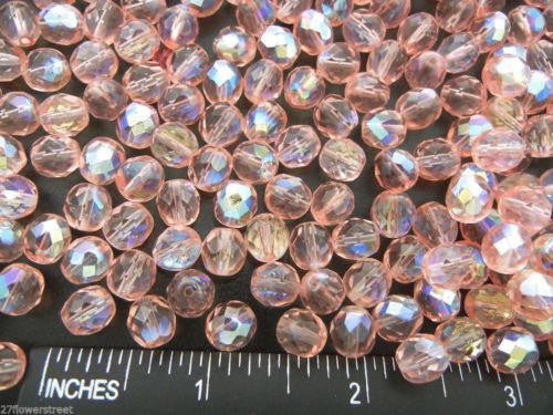 Light Rose AB coated, loose Czech Fire Polished Round Faceted Glass Beads, light pink with aurore boreale