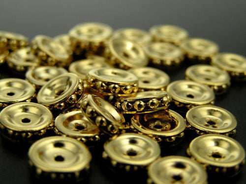 16 Vintage Czechoslovakian metallic rondelles in size 8mm, Gold on Gold plated, UNIQUE spacers