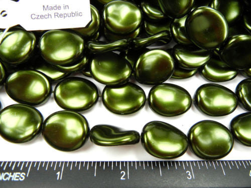 Dark Green Pearl, 30pcs of Preciosa Czech flat curved glass pearls in size 20x17mm, zz 138