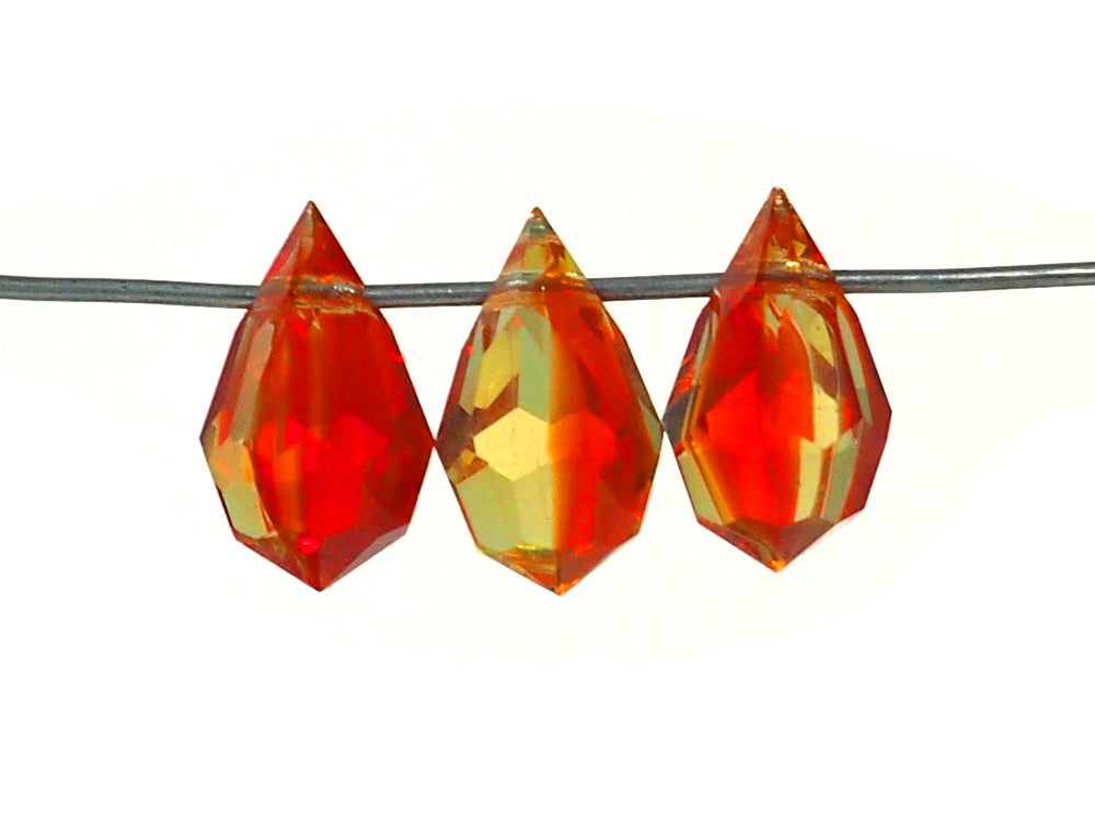 FireOpal (Citrine yellow and Light Siam red blend) Czech Machine Cut Top Drilled Drop Pendants 6x10mm Art.681