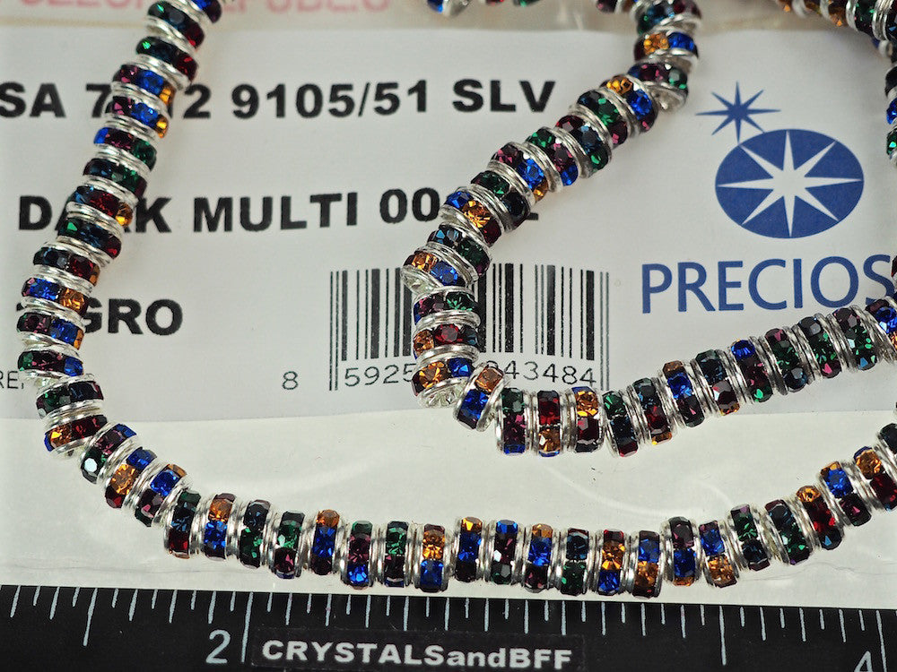 144 Preciosa Genuine Czech Rhinestone Rondelles 5mm Dark Multi Stones, Silver Plated spacers