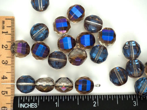 9 Czech Glass Flattened Multi Facet FP Beads 12mm Crystal Blue Iris, P122-9