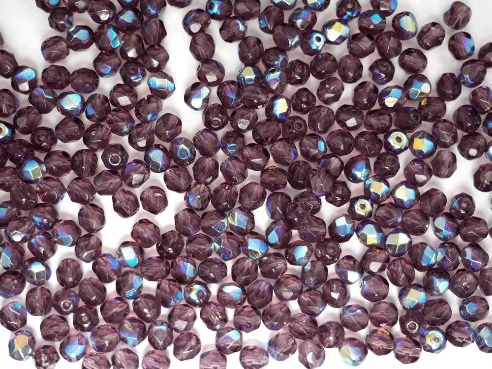 Amethyst AB, loose Czech Fire Polished Round Faceted Glass Beads, purple with Aurora Borealis coating