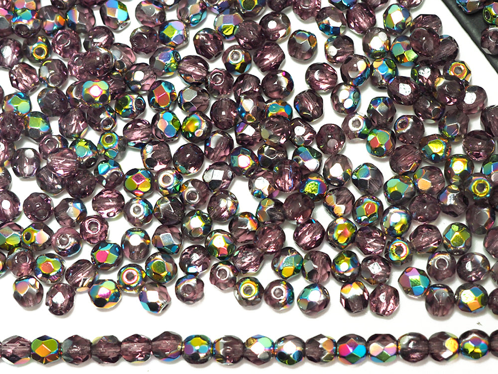 Amethyst Vitrail coated, loose Czech Fire Polished Round Faceted Glass Beads