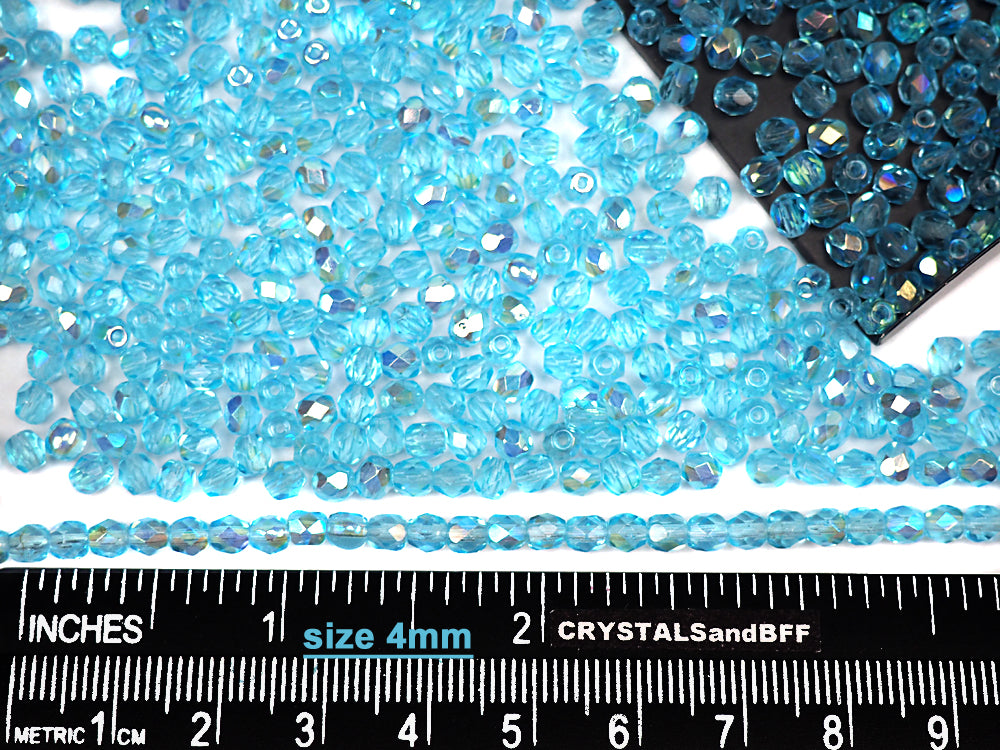 Aqua AB, loose Czech Fire Polished Round Faceted Glass Beads, light blue aquamarine with Aurora Borealis