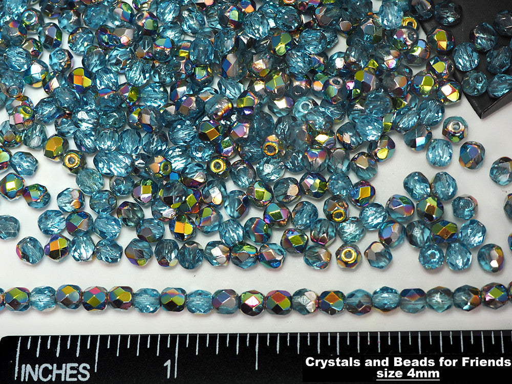 Aqua Vitrail coated, loose Czech Fire Polished Round Faceted Glass Beads, blue metal coated, 3mm, 4mm, 6mm, 8mm