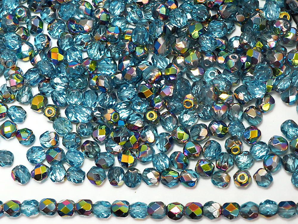 Aqua Vitrail coated, Czech Fire Polished Round Faceted Glass Beads, 16 inch strand