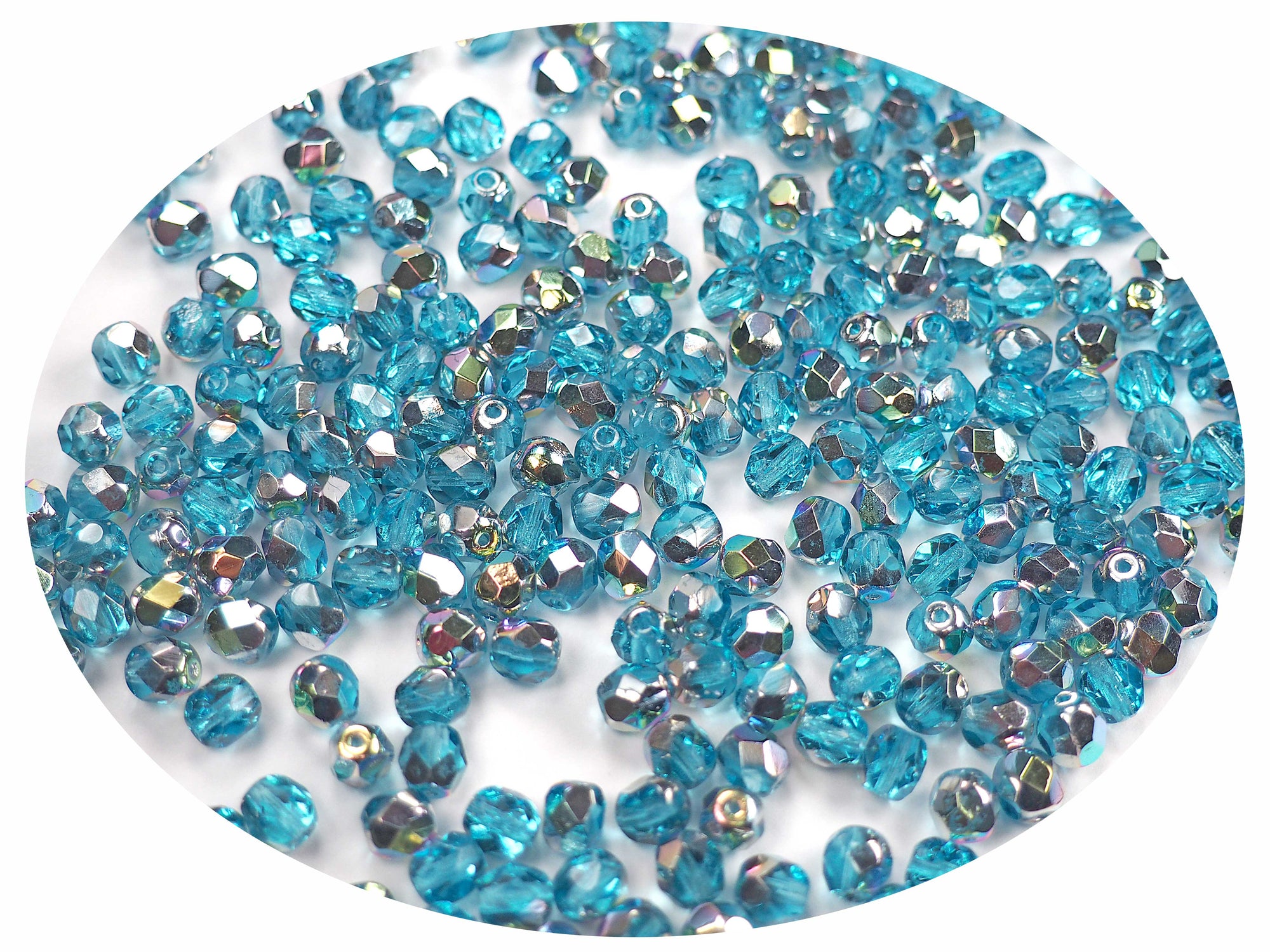 Aqua VL Vitrail Light coated, Czech Fire Polished Round Faceted Glass Beads, 16 inch strand, 4mm, 6mm
